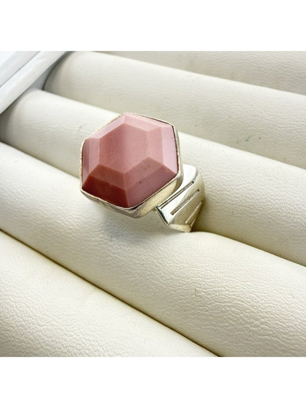 Jay King Ring Pink Stone Hexagon Carved size 8 Sterling Silver 925 Geometric